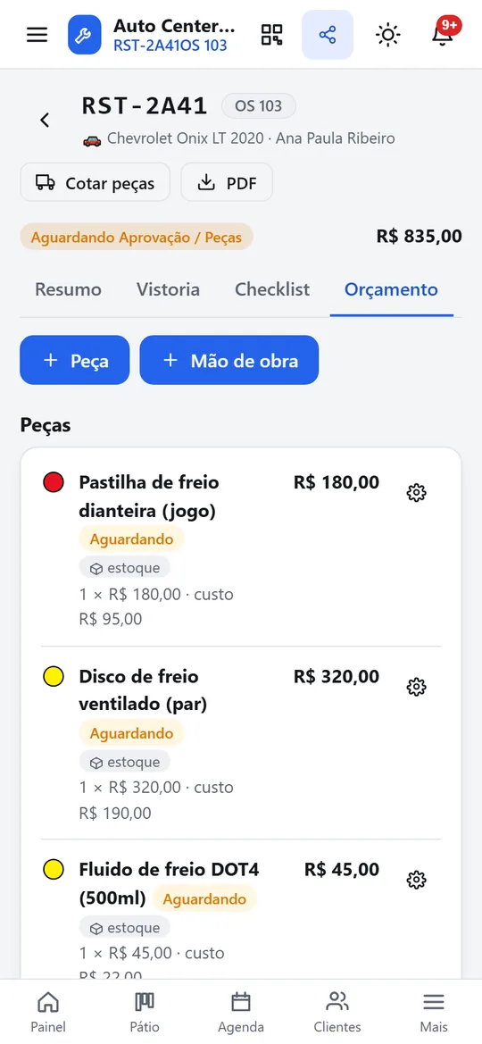 Tela de orçamento com peças e mão de obra