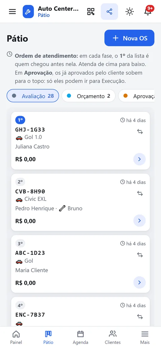 Tela do pátio com os carros em fila por etapa